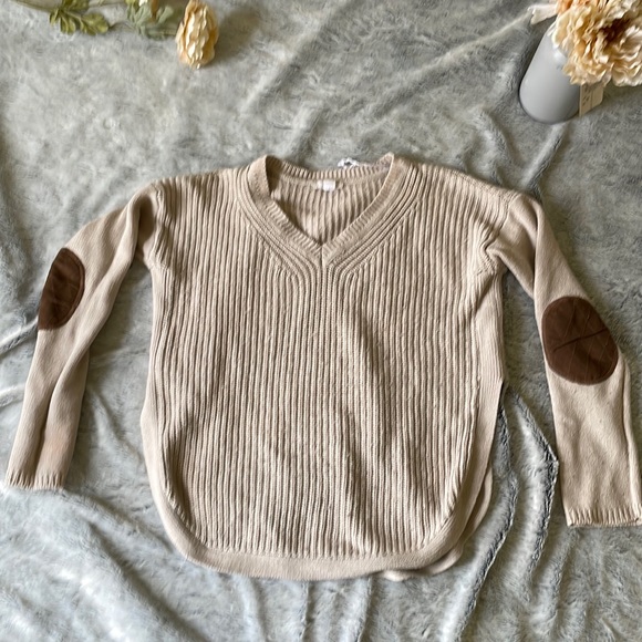 Tan knit midi/crop v neck sweater - Picture 1 of 3